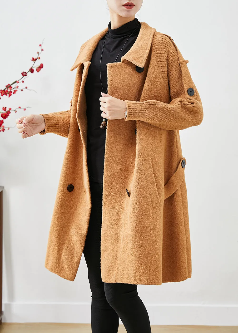 Boho Light Camel Double Breast Patchwork Knit Woolen Trench Coats Fall LY9257