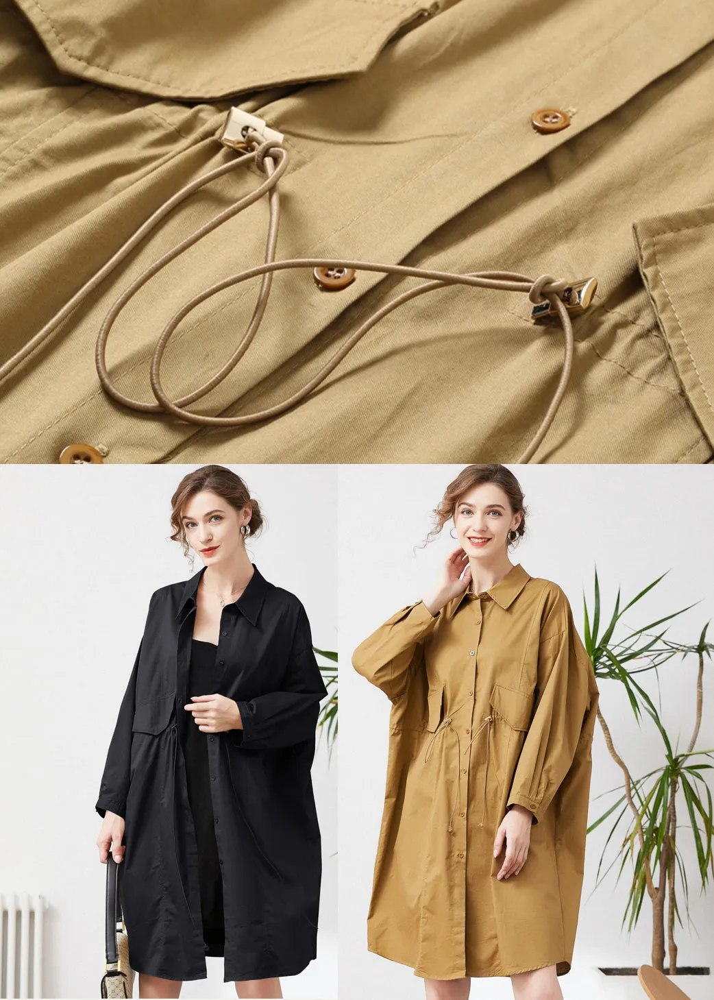 Khaki Cotton Loose Trench Peter Pan Collar Drawstring Spring LY0330