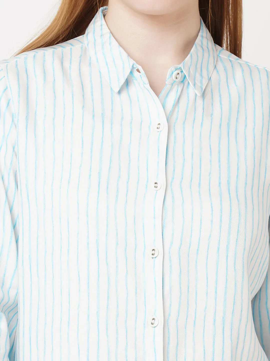Women Slim Fit Sky/White Stripe Shirt