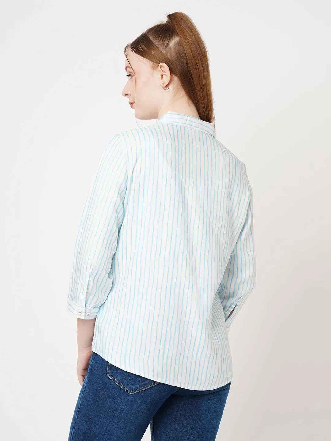 Women Slim Fit Sky/White Stripe Shirt
