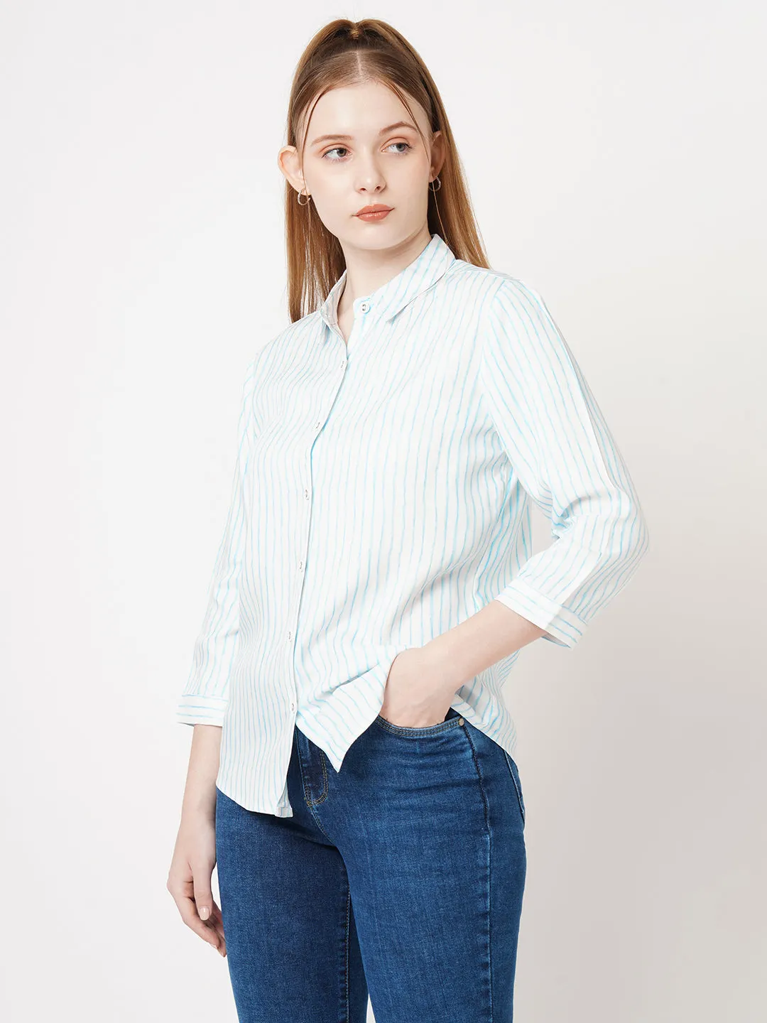 Women Slim Fit Sky/White Stripe Shirt