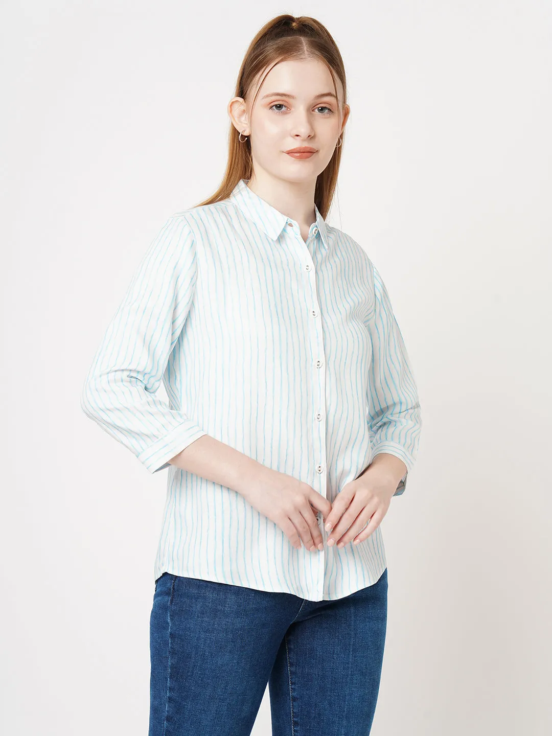 Women Slim Fit Sky/White Stripe Shirt