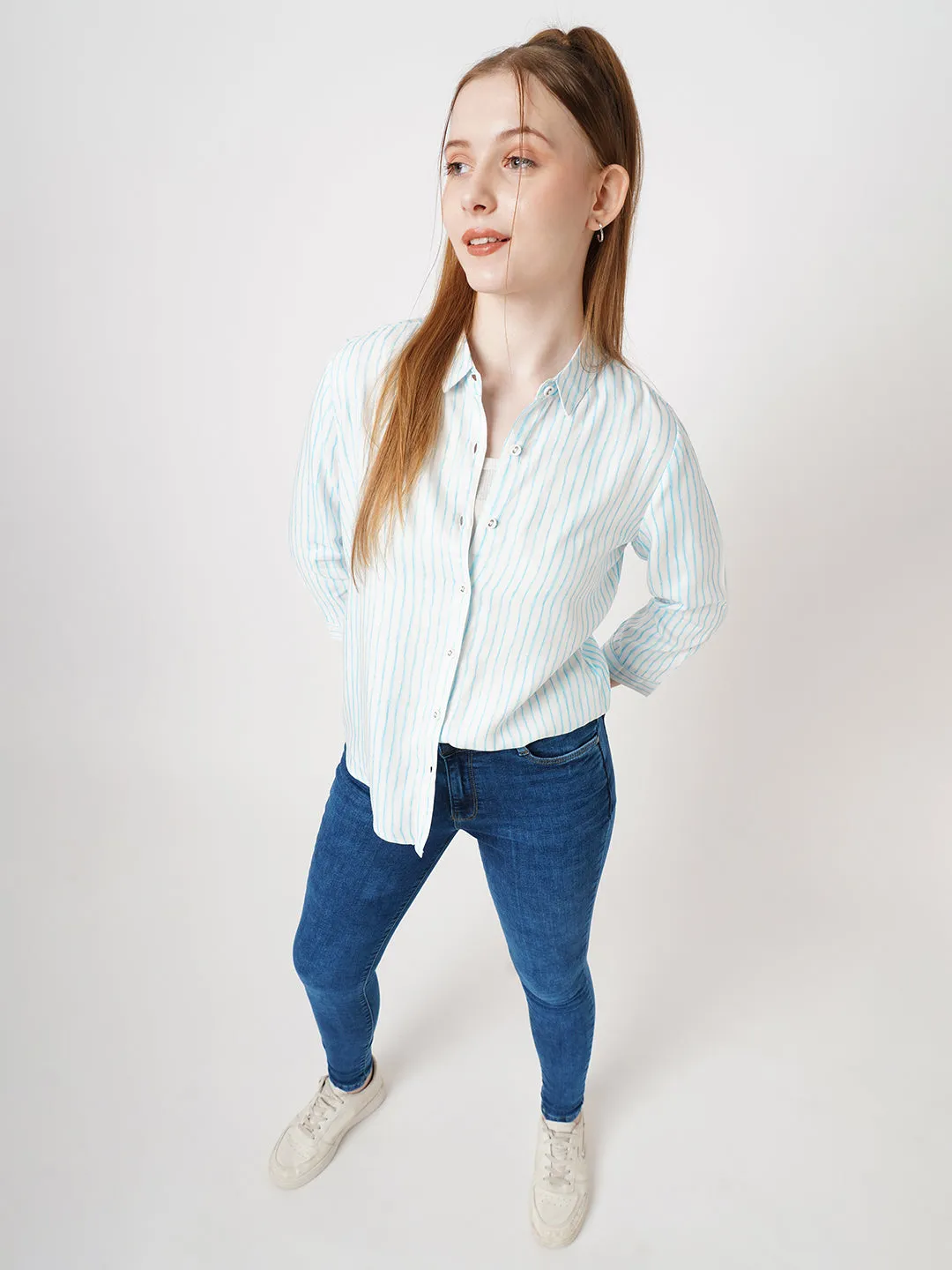 Women Slim Fit Sky/White Stripe Shirt