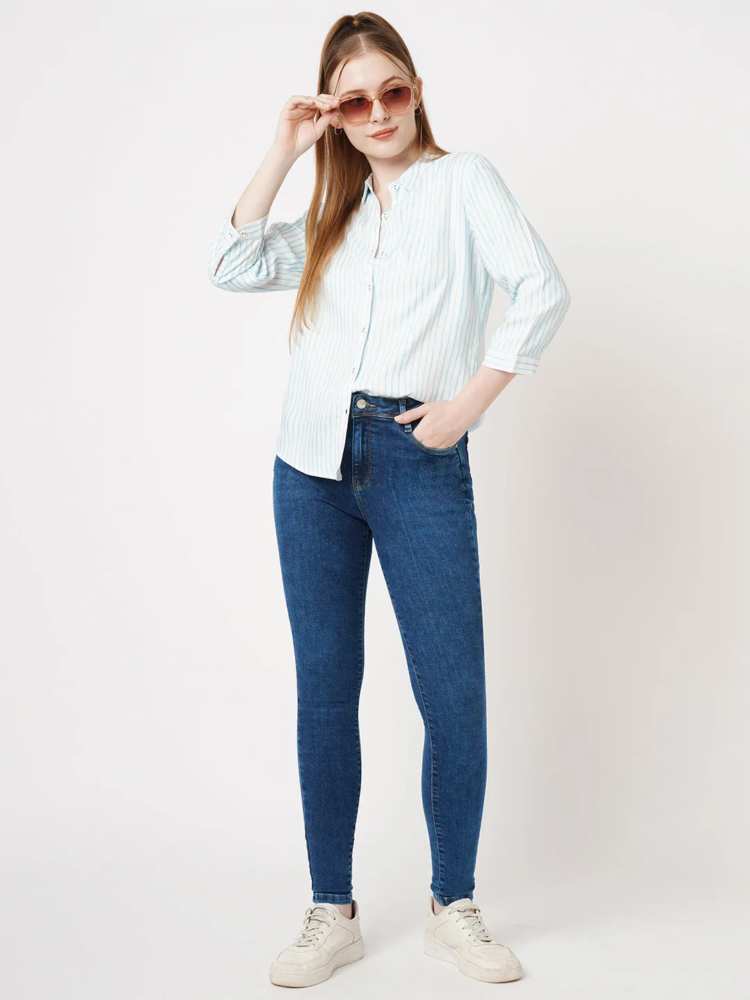 Women Slim Fit Sky/White Stripe Shirt